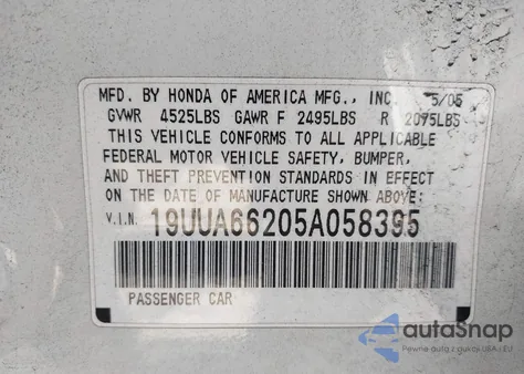 2005 Acura Tl из США, поврежденный, VIN 19UUA66205A058395